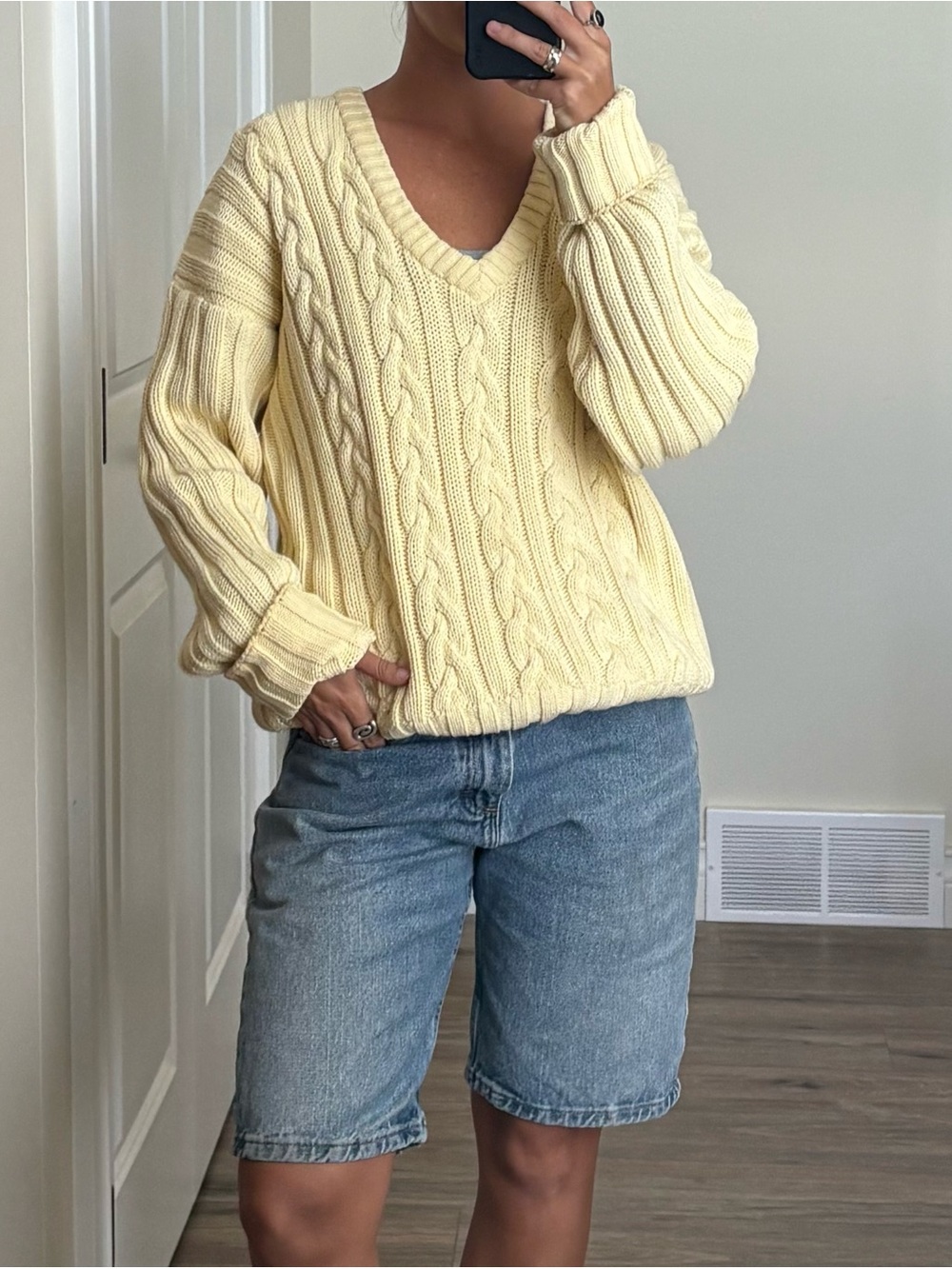 Soft Cable-Knit V-Neck Sweater - butter yellow